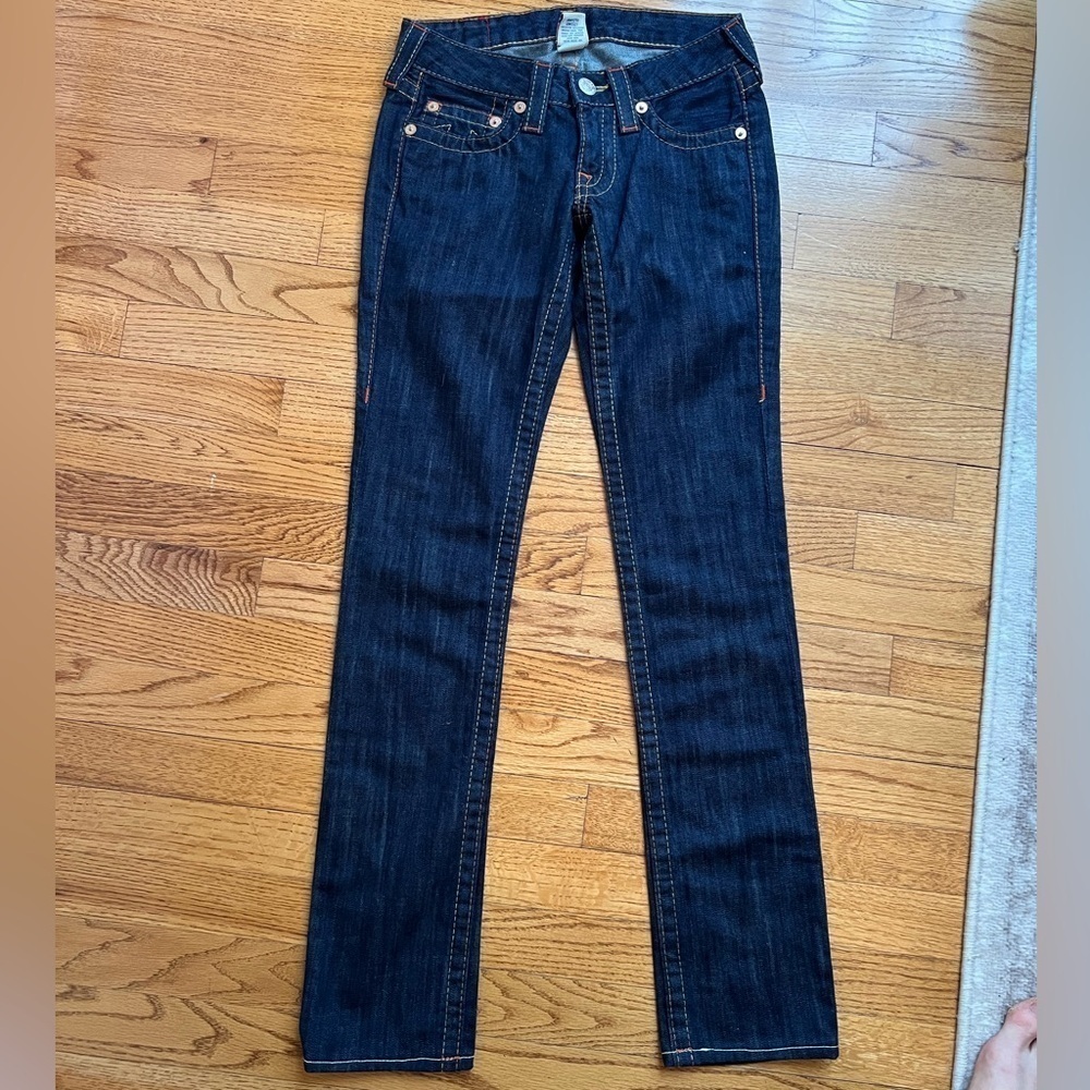 True Religion Womenβs Blue Straight Leg Jeans Timeless Style Size 24